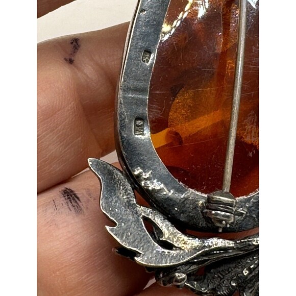 Vintage Sterling Silver Lily Flowers Surrounding Baltic Amber Brooch Pin Signed - Picture 5 of 12